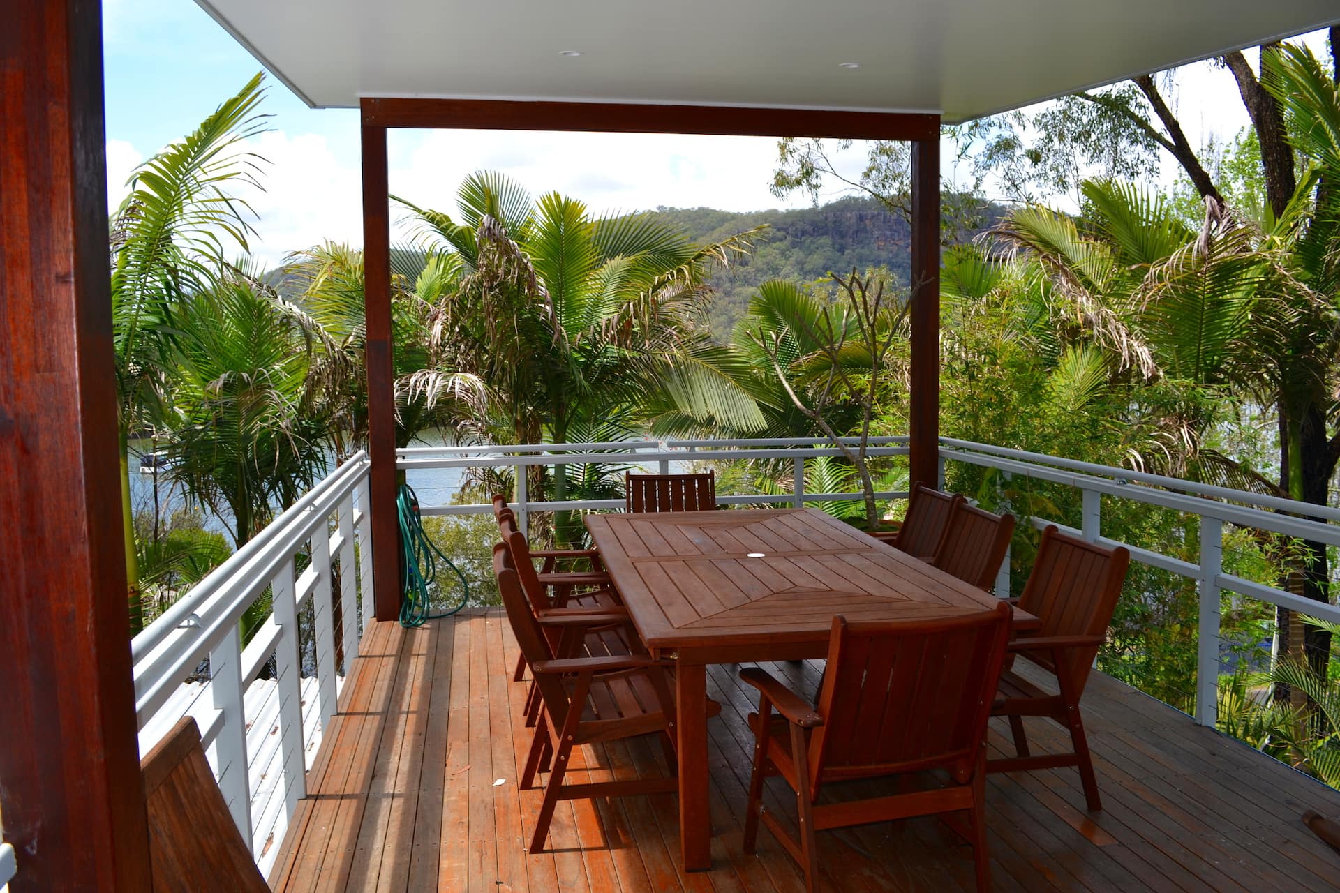 Expansive lodge deck at golden hour